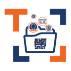 A blue and orange logo with the word t.