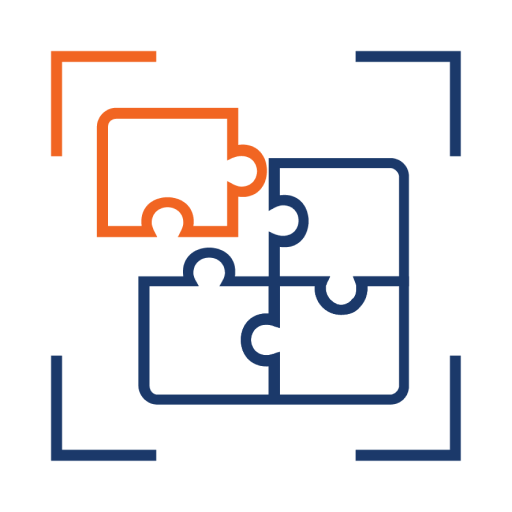 A blue and orange puzzle piece icon on a grey background.