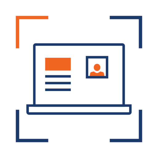 An orange and blue icon of a laptop with a person on it.
