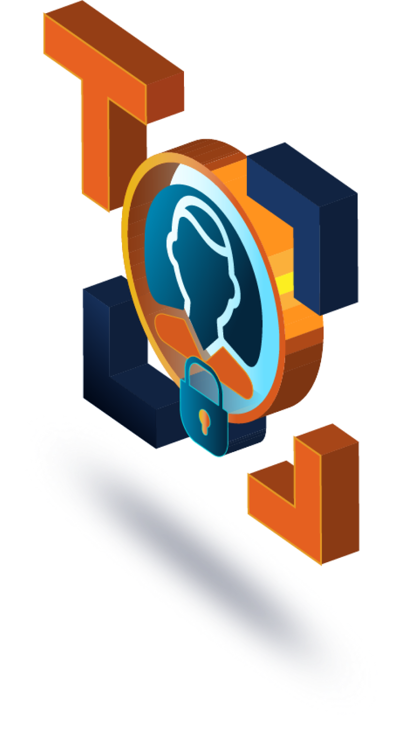A blue and orange logo with a lock on it.